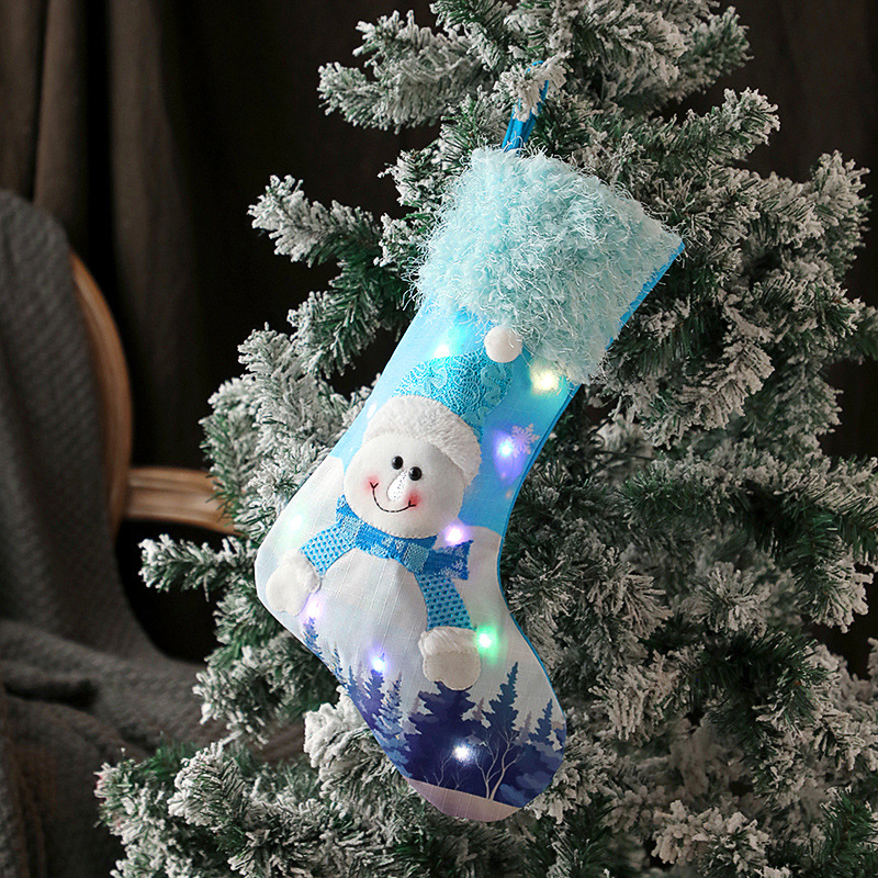港之戀 新款帶燈聖誕襪 藍色老人雪人發光糖果袋聖誕舒裝飾禮物襪