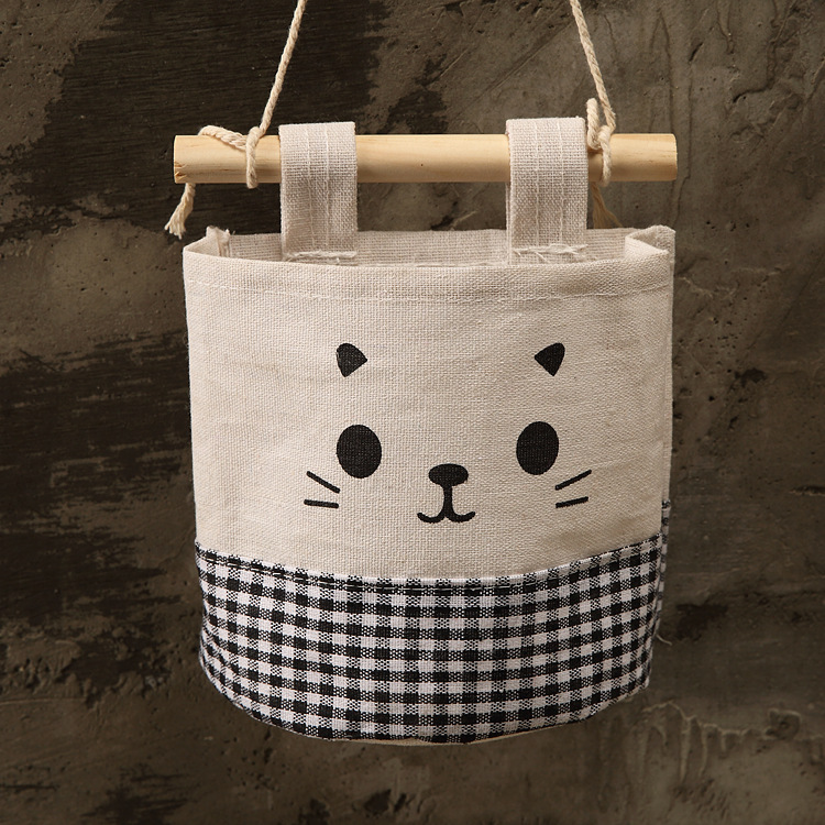 純棉帆布卡通可愛貓咪布藝牆掛式收納袋袋