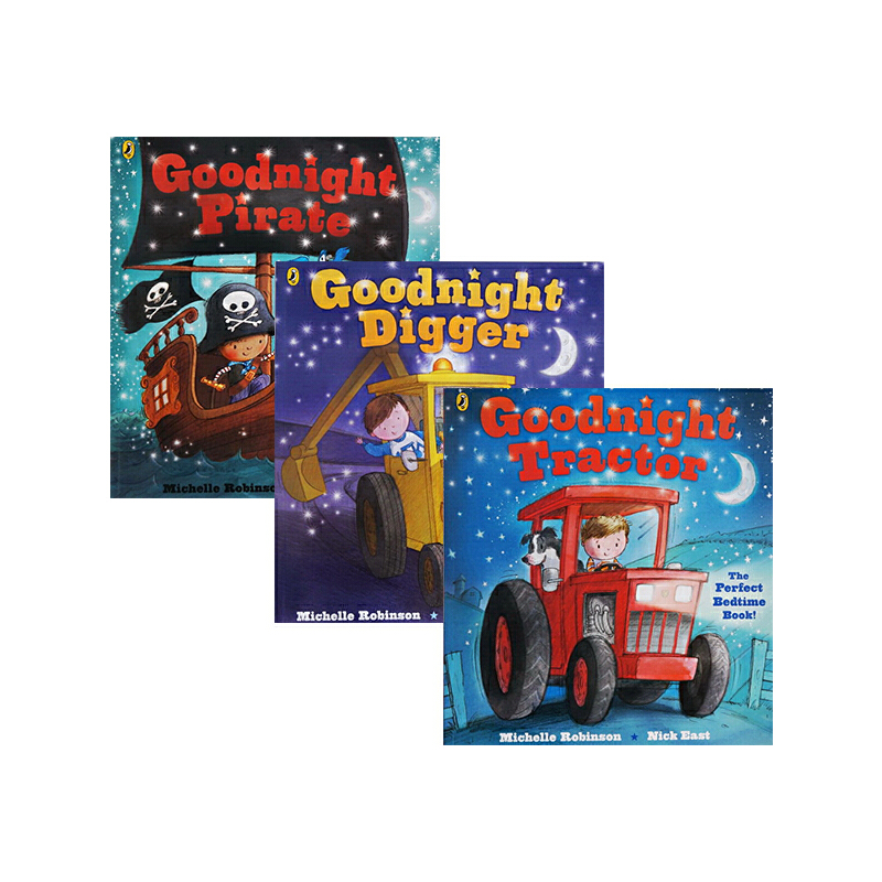 英文原版繪本 Goodnight bedtime 企鵝睡前晚安故事 3冊套裝 Pirate/Tractor/Digger 27.5 x 25cm超大本 幼兒啟蒙
