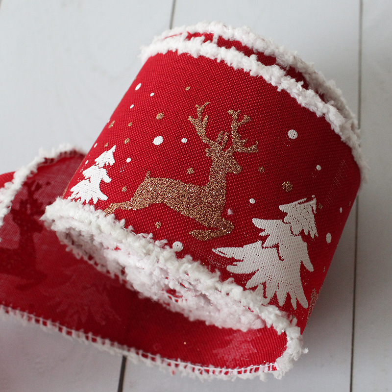 聖誕節印花絲帶三色麋鹿早上織帶diy鐵絲花邊麻布卷禮品袋