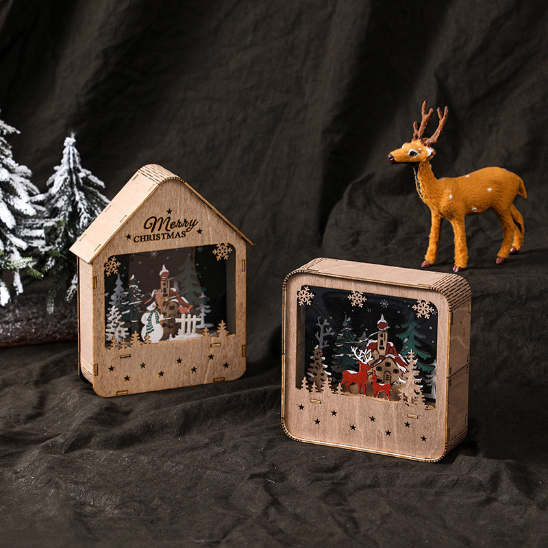 聖誕老人小木屋發光木質房子桌面擺件彩繪led小夜燈裝飾品