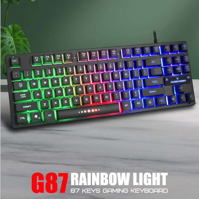 力鎂K87有線鍵盤87鍵機械手感彩虹切換髮光鍵盤懸浮鍵帽遊戲鍵盤