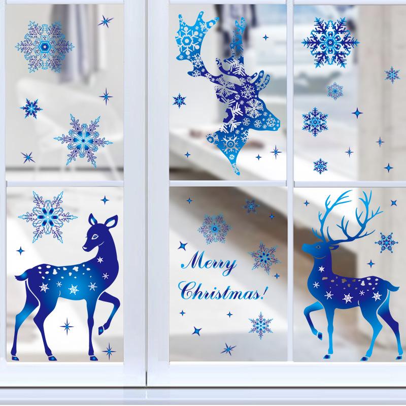 聖誕裝飾品雪花貼紙玻璃櫥窗  聖誕節藍色雪花麋鹿靜電貼