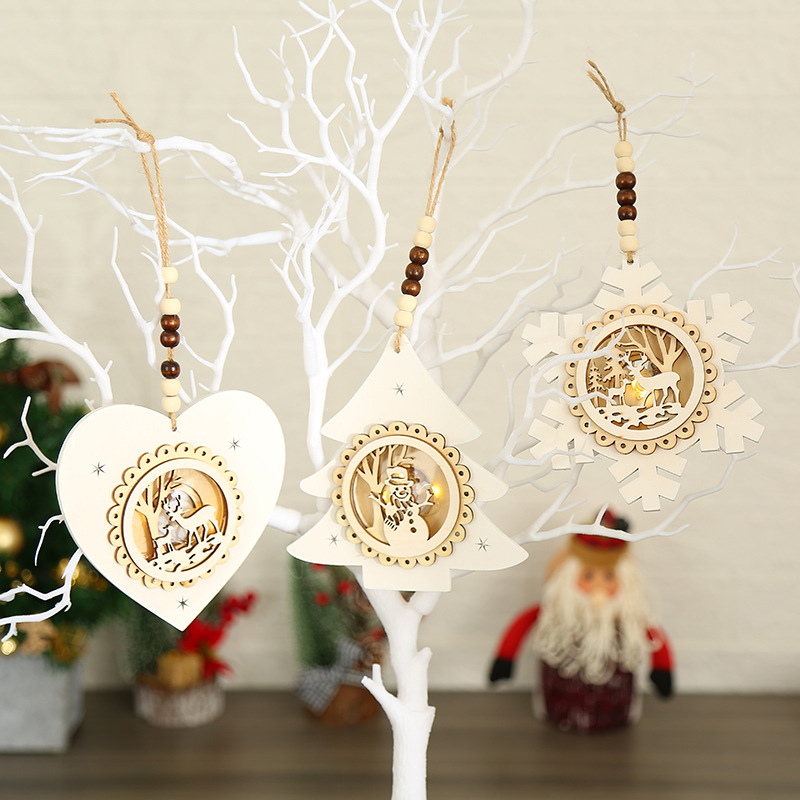 聖誕樹掛件LED白色木質掛飾小夜燈聖誕禮物發光房子五星雪花吊飾