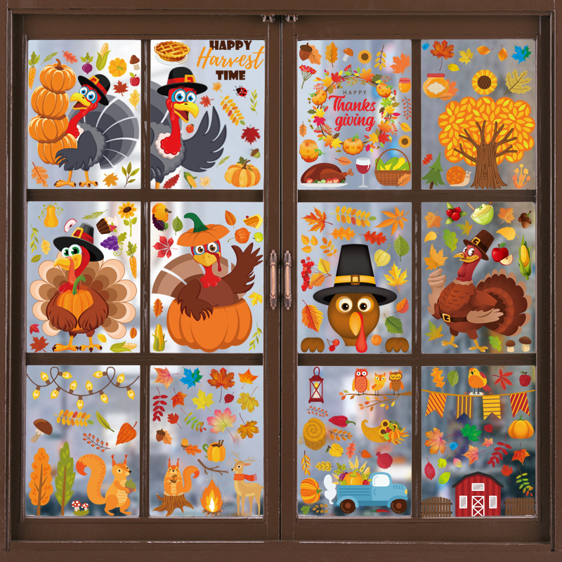 感恩節火雞貼紙南瓜楓葉創意靜電貼畫 感恩節玻璃櫥窗裝飾牆貼
