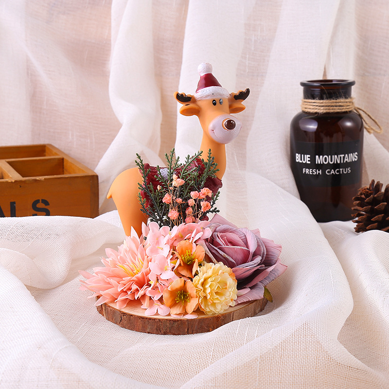 創意一鹿有你永生花玫瑰乾花擺件可愛小鹿車內裝飾品生日禮物