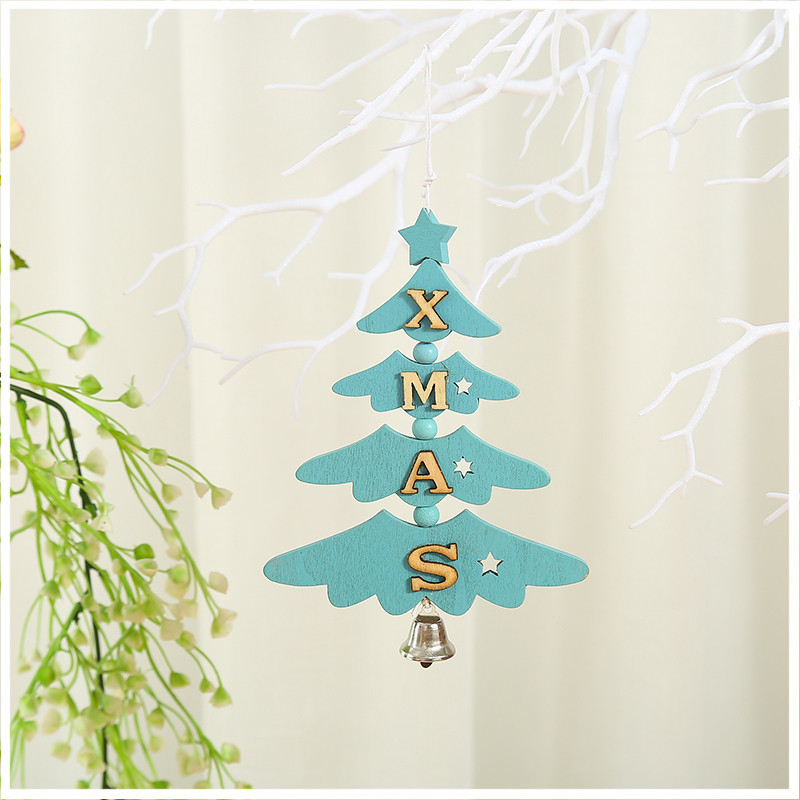 木質聖誕樹掛件 創意聖誕禮物簡約家居飾品XMAS字母鈴鐺吊飾