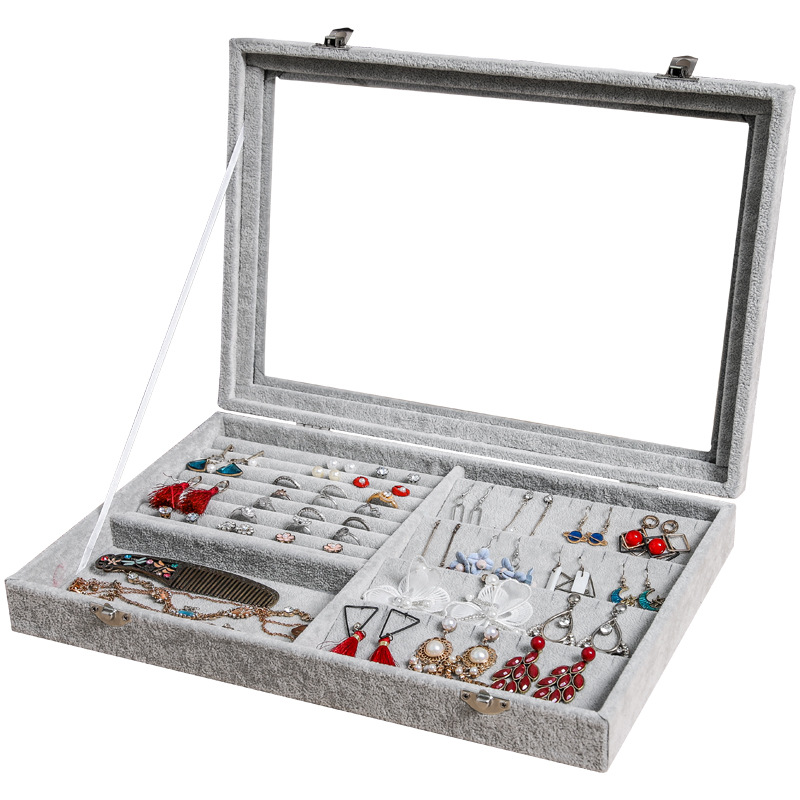 特大號冰花絨首飾盒 珠寶飾品展示架 耳環耳釘大容量防塵收納盒子