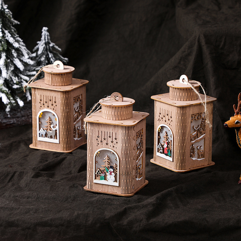 木質聖誕帶燈房子燭台桌面擺台防風燈道具彩繪聖誕小夜燈
