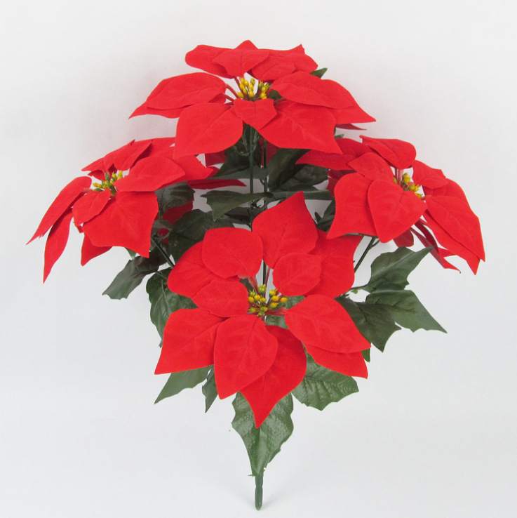 新款聖誕花一品紅 植物一品紅花束 裝飾絨布聖誕花