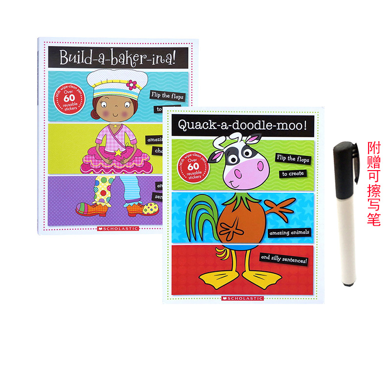 英文原版 Quack a doodle moo/Build a Baker-ina! 翻翻學習書系列2冊套裝 兒童英語詞彙認知學習 附可重複擦寫筆+個性貼紙