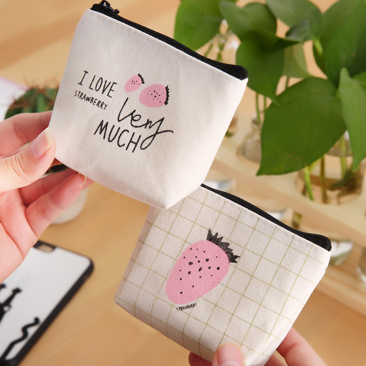 創意簡約蜜語帆布零錢包 彩色卡通草莓圖案大容量卡包