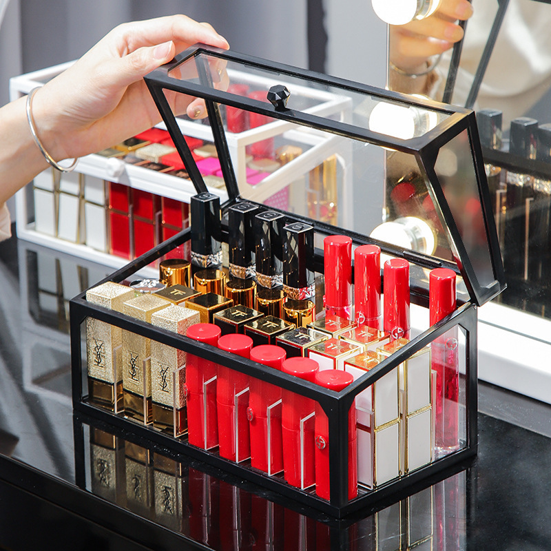 網紅桌面梳粧枱化粧品盒有蓋加高防塵脣釉盒玻璃透明口紅收納盒