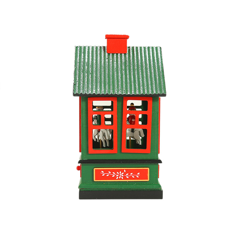 新品聖誕節裝飾品房子擺件聖誕禮物木製旋轉木馬音樂盒發條八音盒
