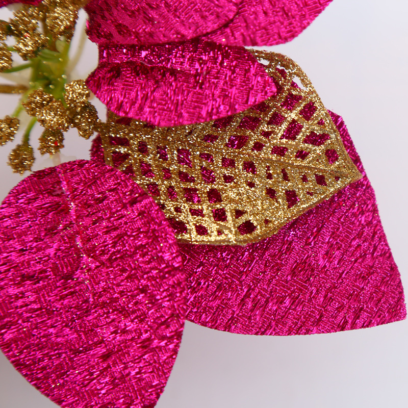 聖誕節裝飾品 鏤空葉金粉布假花 21cm多色聖誕樹花