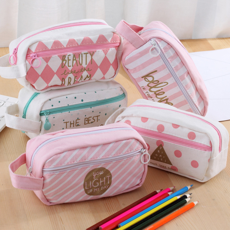 小清新幾何圖案粉色綠色大筆袋 日韓文具創意手提筆袋