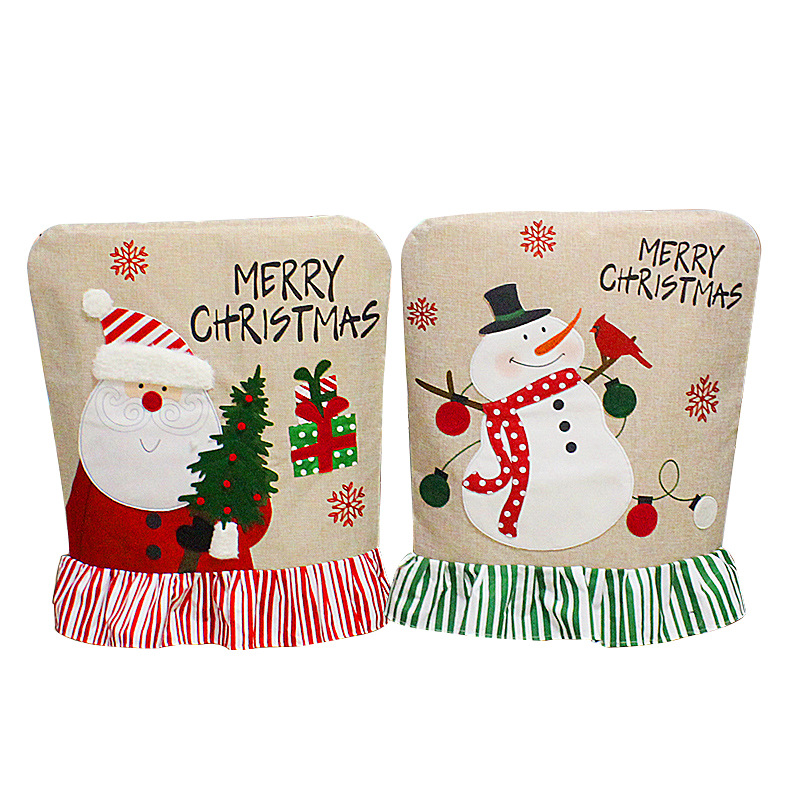 港之戀聖誕節刺繡老人雪人椅子套麻布花邊凳子套聖誕靠背墊裝飾