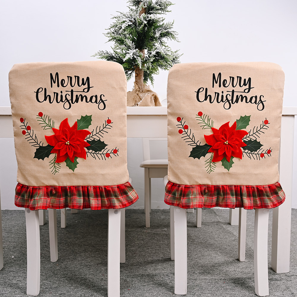 新款外貿聖誕節裝飾品大紅花麻布椅子套凳子套 椅套 聖誕椅套