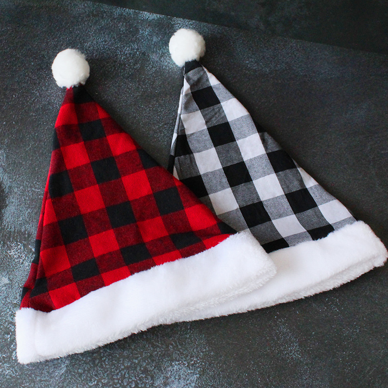 港之戀 跨境新品聖誕節用品裝飾道具  節日裝扮帽子格子布聖誕帽