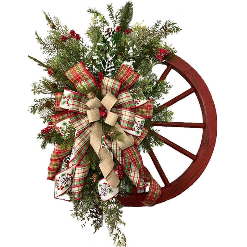 港之戀跨境爆款聖誕節裝飾門掛木質輪盤車輪花環聖誕節松果花環
