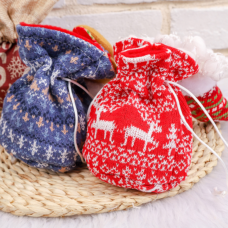 港之戀聖誕節兒童禮物袋新款針織毛線抽繩袋平安夜蘋果袋糖果袋子