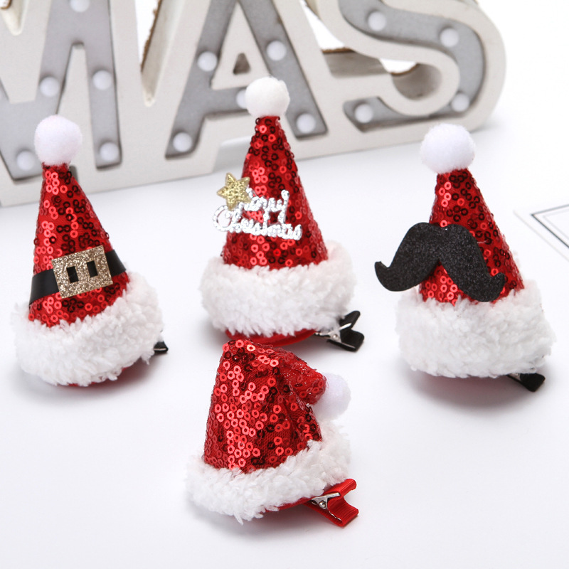 港之戀聖誕裝飾品紅色亮片小帽子紗裙裝扮頭飾韓國風鴨嘴聖誕髮夾