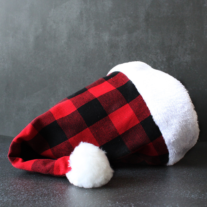 港之戀 跨境新品聖誕節用品裝飾道具  節日裝扮帽子格子布聖誕帽