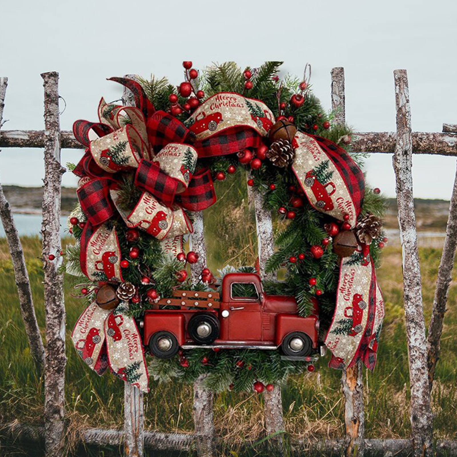現貨跨境聖誕花環紅色卡車布法羅格子花環格子花環裝飾聖誕禮物