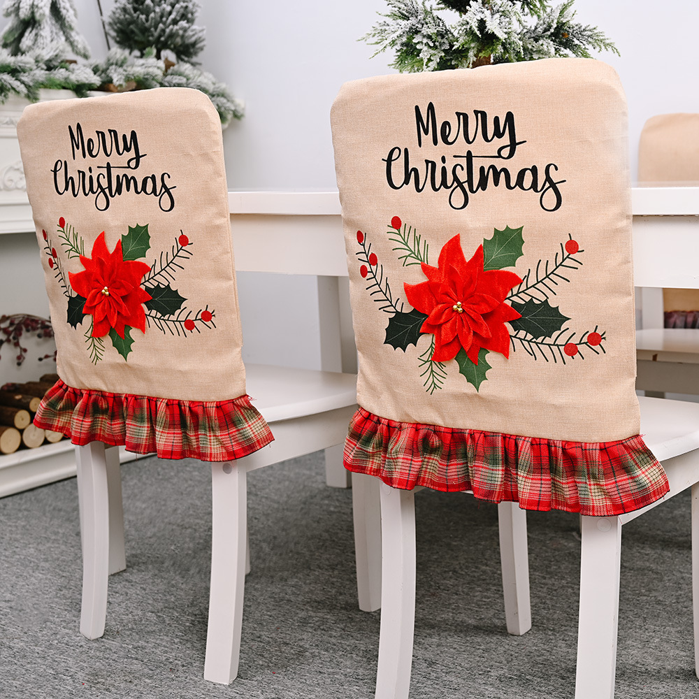 新款外貿聖誕節裝飾品大紅花麻布椅子套凳子套 椅套 聖誕椅套