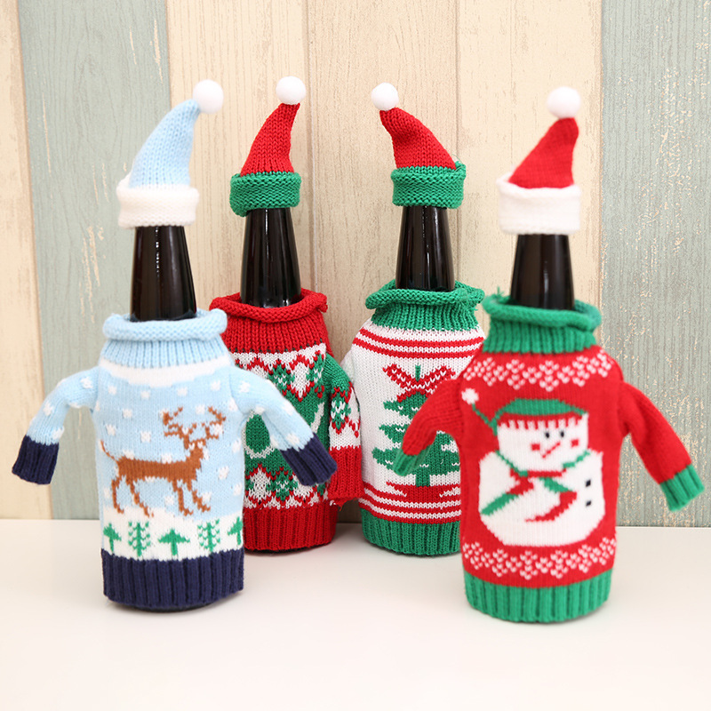 新款高檔針織聖誕酒瓶套 毛衣紅酒瓶套4款 聖誕啤酒瓶裝飾品批發