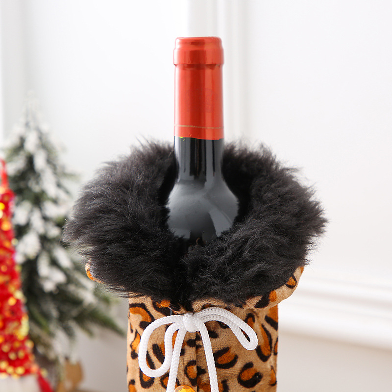 港之戀聖誕圓球毛領酒瓶套桌面餐桌豹紋香檳紅酒套裝飾佈置品批發