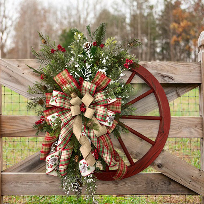 港之戀跨境爆款聖誕節裝飾門掛木質輪盤車輪花環聖誕節松果花環