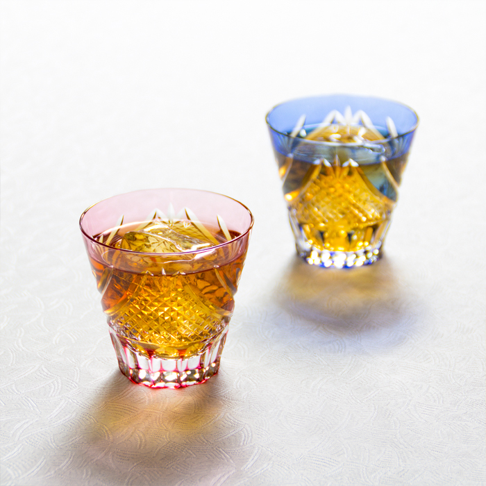 Kagami Crystal 江戶切子 一對冷酒杯 紅藍色